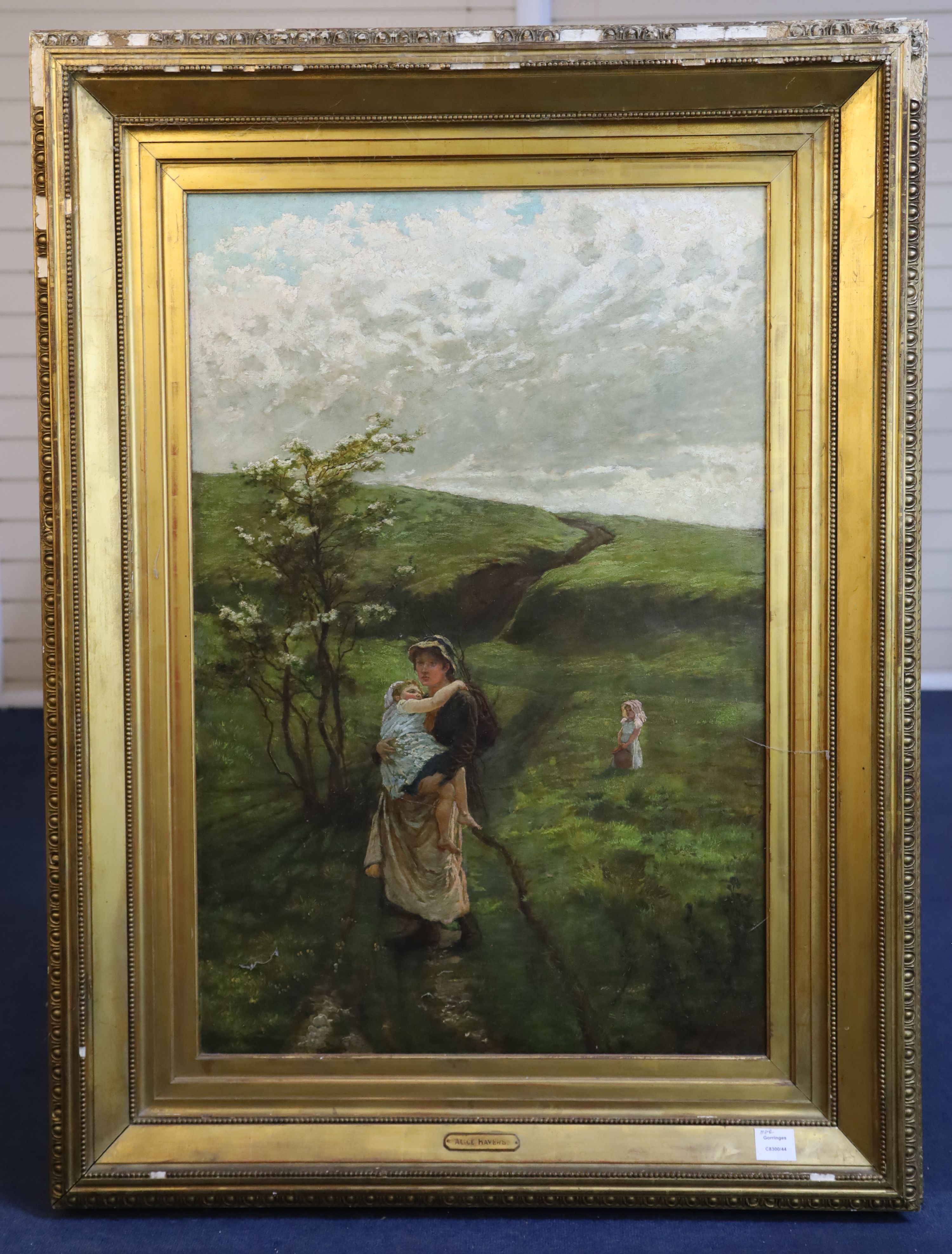 Alice Mary Havers (1860-1890) Gleaner and her children in a landscape 35.5 x 23.5in.